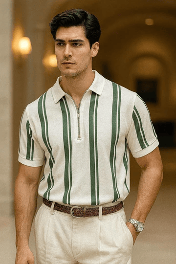 Men's Green Striped Polo Shirt