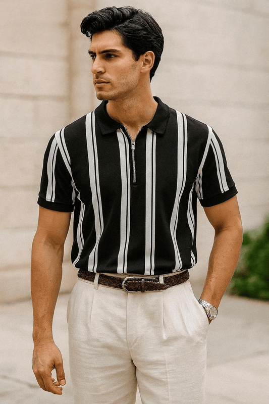 Men's Black & White Striped Zip Polo Shirt